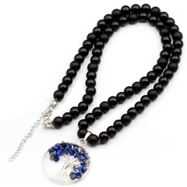 ElisaJewelryArt - Tree Of Life Lapis Lazuli Pendant Natural Black Onyx Beaded Necklace Genuine Gemstone Spirit Stone Unisex Necklace (22, Lapis Lazuli)
