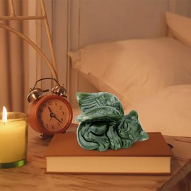 gemshan Memorial Cat Statue for Home - Hand Carved Jade Sleeping Cat Figurine for Home & Office Decor