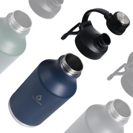 VOLCAROCK Insulated Water Bottle with Straw Lid Dustproof, 64 Oz Double Wall Stainless Steel Water Bottle for Hot and Cold Beverages, Leafproof BPA Free and Dishwasher Safe-64 Oz Navy Blue