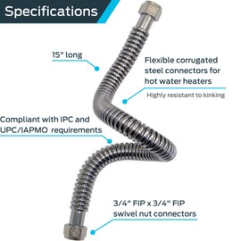 HoldRite QuickFlex 3/4 Inch FIP x 3/4 Inch FIP x 15 Inch Water Heater Connectors, QFC-7515
