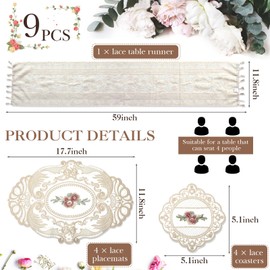 Windkream 9 Pcs Valentine's Day Beige Lace Table Runner and Lace Placemats and Lace Coasters Vintage Rustic Boho Cloth Lace Doilies Place Mats for Glass Table Wedding Bridal Shower Party Decor