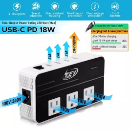 Key Power 230W Step Down 220V to 110V Voltage Converter Travel Adapter with USB C Ports - white