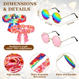 Kenning 8 Pcs Hippie Costume Set 60s 70s Party Accessories Hippie Set Including Round Sunglasses Elastic Rhinestone Headband (Cool,Bright)