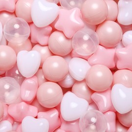 TRENDPLAY Big Star & Heart Shaped Ball Pit Balls - 200 Larger Plastic Balls Set, Different Shapes for Toddlers, (White Pink)