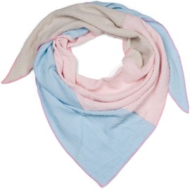 styleBREAKER 01020046 Women's Cotton Muslin Triangle Scarf in 3 Colours Design Muslin Scarf Lightweight Scarf, Light blue-rose-light grey