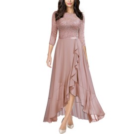 Miusol Women's Elegant Floral Lace Ruffle Bridesmaid Maxi Dress (Medium, Pink)