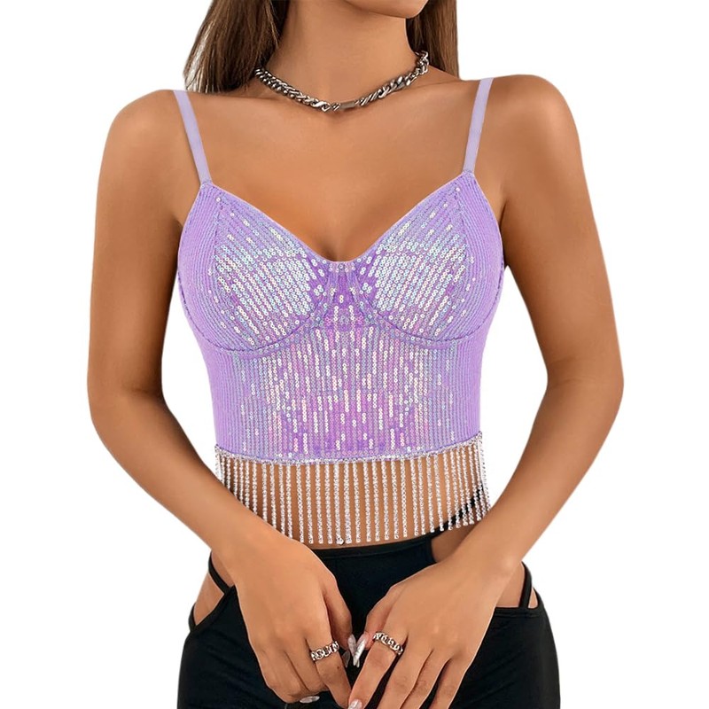 Erinaco Women Bright Diamond Chain Sequin Crop Top Rhinestone Tassel