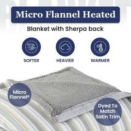 Thermee Micro Flannel Heated Blanket with Sherpa Back, 10-Setting Electric Blanket Queen Size, Programmable Heating Blanket, Ultra-Soft Heated Throw Blanket, Fast Heating Thermal Blanket-City Stripe