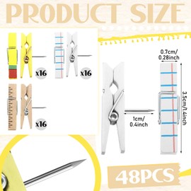 Cinnvoice 48 Pcs Pencil Ruler Colorful Push Pin with Wooden Clips Teacher Cork Board Artworks Decorative Pushpins Tacks for Classroom Photo Clips for Teacher Office Homes Supplies