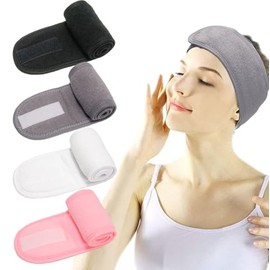 4 Stücke Kosmetik-Stirnband Frottee-Haarschutzband, Elastisches Mikrofaser-Haarband mit Klettverschluss, Anti-Rutsch-Stirnband für Schminken Spa Sport Yoga (Schwarz, Weiß, Rosa, Grau)