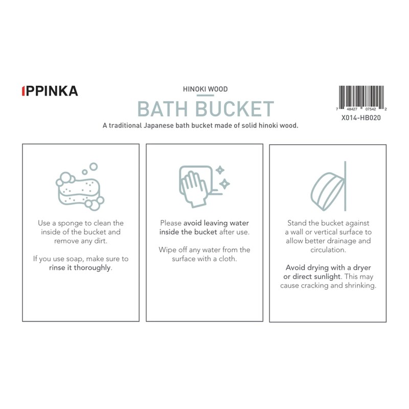 IPPINKA Natural Japanese Hinoki Wood Bath Bucket with Handle
