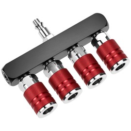 QWORK 4-Way Straight Air Manifold, 5 Ports, 1/4" NPT, Aluminum Line Type Air Compressor Splitter with 4 Couplers & Plugs