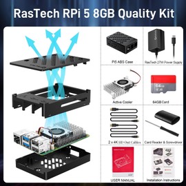 RasTech Raspberry Pi 5 8GB Kit 64GB Edition with Active Cooler,27W GaN 5.1V5A USB-C Power Supply,Pi5 8GB Board,64GB Card Readers Kit,Pi 5 Case,Dual 4K Micro HD Out Cables and User Manual