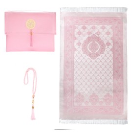 Muslim Prayer Rug Set with Beads and Bag, Soft and Silky Touch Prayer Carpet Mat, 27.5x43.3 Inch Pink
