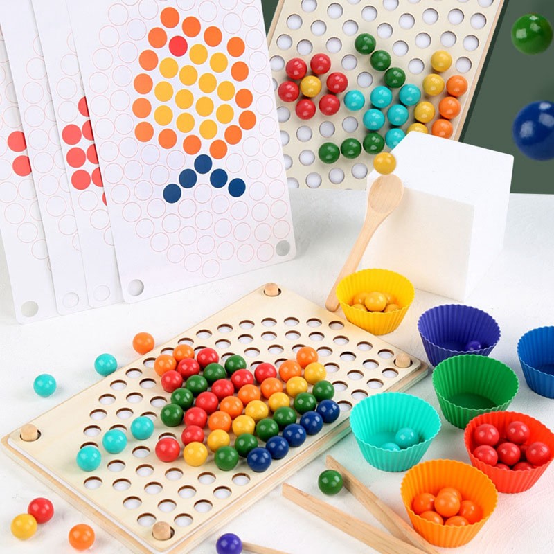 Wooden Peg Board Beads Game Educational Rainbow Clip Beads Puzzle