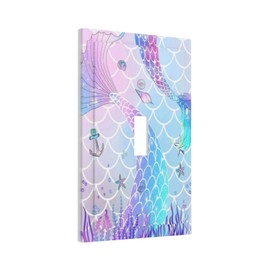 Girls Kids Purple Pink Mermaid Tail Scales 1-Gang Sing Toggle Outlet Light Switch Cover Wall Plate Colorful Cute Conch Coral Ocean Theme Decorative Face Plate Electrical Receptacle Cover Jumbo Size
