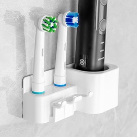 LUEXBOX Electric Toothbrush Holder Wall Mounted, 2 Slot Toothbrush Storage Organizer and Toothpaste Holder, Self Adhesive Toothbrush Hanger Rack with 2 Electric Toothbrush Head Holder