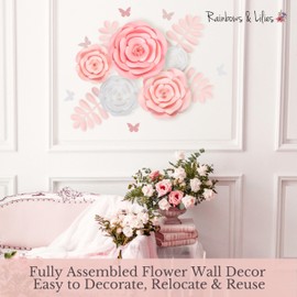 Rainbows & Lilies 15pc Large Paper Flowers Decorations for Wall - Reusable 3D Wall Decor for Girls Room, Nursery & Kids Bedroom - Pink & White Artificial Roses for Baby Shower, Wedding, Party Backdrop