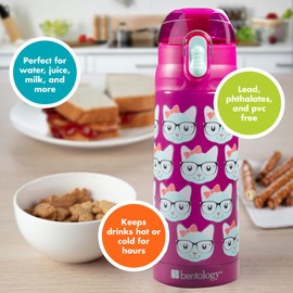Bentology - Botella de agua aislada de acero inoxidable para niñas, 384 ml, fácil de usar, reutilizable, a prueba de derrames, sin BPA, mantiene el frío por horas, a prueba de fugas, diseño de gatitos