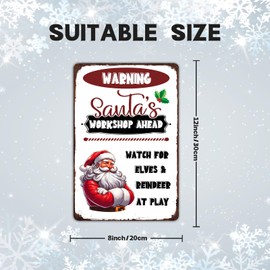 Vintage Retro Santas Workshop Tin Sign Warning Santa's Workshop Ahead Watch for Elves & Reindeer at Play Metal Tin Sign Wall Decor for Cafe Coffee Bar Cave Farmhouse Shop Room Art Decor Sign 8x12 inch