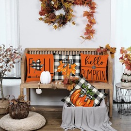 LEIOH Fall Pillow Covers 18x18 Set of 4 Thanksgiving Buffalo Check Farmhouse Decorations Orange Pumpkin Maple Leaves Throw Cushion Case for Home