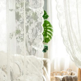 MIULEE Ivory Lace Curtains 63 inch Length for Living Room Bedroom, Semi Sheer Curtains Rose Floral Embroidered Farmhouse Window Drapes Vintage European Tulle Retro Style, Rod Pocket, 2 Panels Set