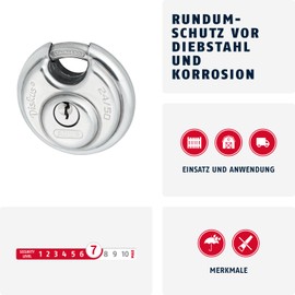 ABUS Diskus padlock 24IB/50 made of stainless steel - with 360° all-round protection - for protection against severe weather conditions - 20318 - ABUS security level 7 - silver/blue