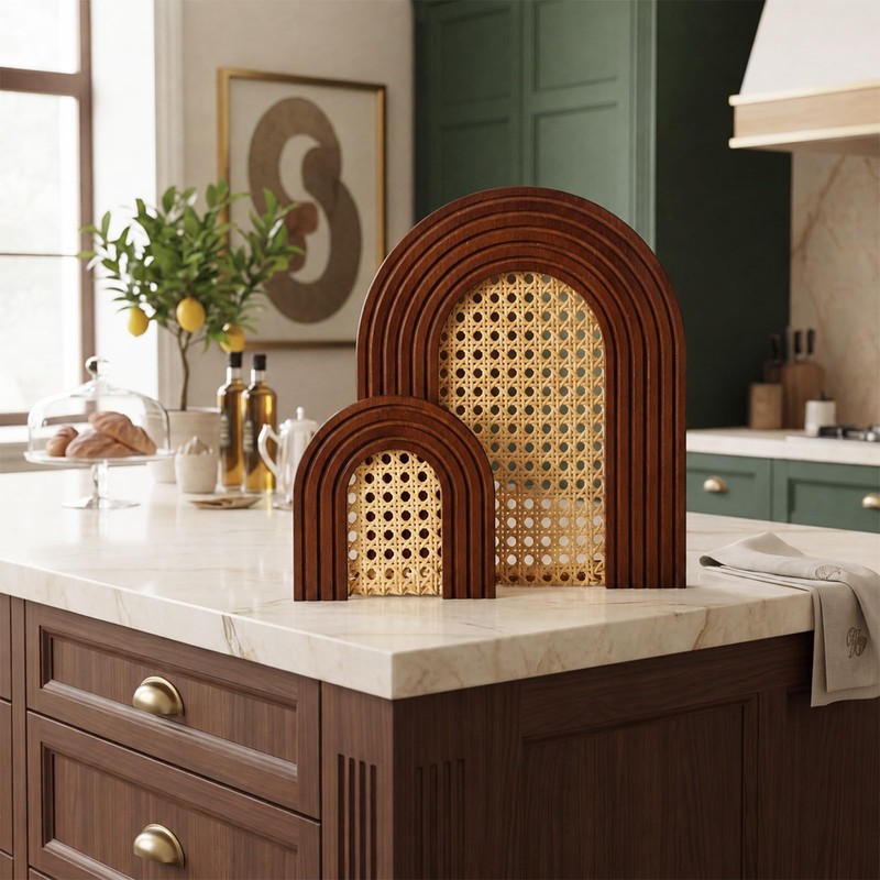 2 Sets Wooden Arch Decor Rattan Shelf Boho Wall Decor