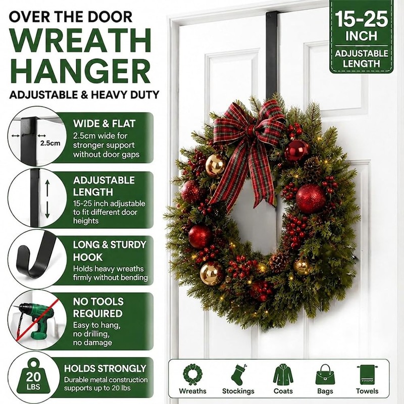 HappyFiller 15‑25" Wreath Hanger for Front Door, Over the Door