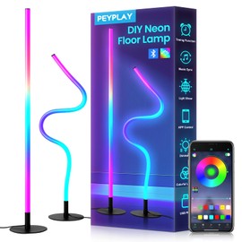 PEYPLAY RGB LED Corner Floor Lamp, Smart Adjustable Shape, Music Sync, 16 Million DIY Colors, Remote & App Control, Modern Standing Light for Bedroom Living Room (Circular Base)