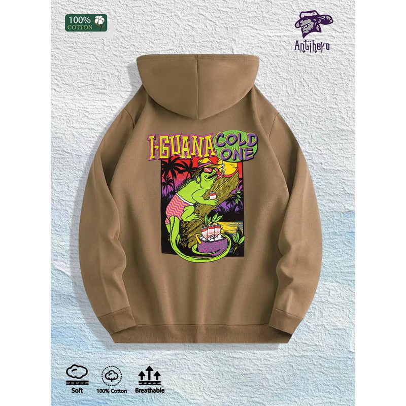 Iguana Cold One Tropical Graphic Hoodie 100% Cotton US Warehouse