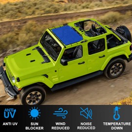 Coverspec JT JL Top Sun Shade Roof Compatible with Jeep Wrangler and Gladiator 2 or 4 Door 2018 to 2023 Sunshade Sunroof Blocks UV Wind Noise Blue Mesh for Front