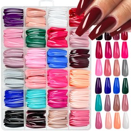 576Pcs Long Press on Nails Coffin Fake Nails Solid Color False Nails Full Cover Glossy Acrylic Glue on Nails 24 Color Reusable Artificial Nails Stick on Nails for Women Manicure
