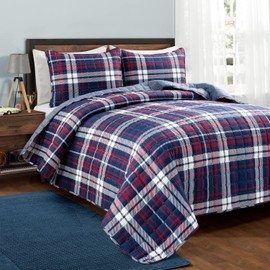 Lush Decor Grayson Farmhouse, Full/Queen, Plaid Reversible 3 Piece Quilt Set, Full & Reversible