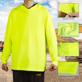 HYCOPROT High Visibility Safety Shirts Long Sleeve Hoodie Sun Protection Construction Work Shirts with Hood for Men Women(Yellow,Large)