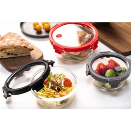 Genicook 6pc Round Glass container with lid and vent set, Microwavable, Food container