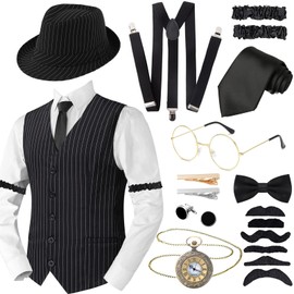 1920s Mens Costume Accessories Set for Adult, Roaring Retro 20s Gatsby Gangster Costume Outfit with Stripe Vest Fedora Hat Pocket Watch Tie Suspenders for Retro Party Supplies-4XL