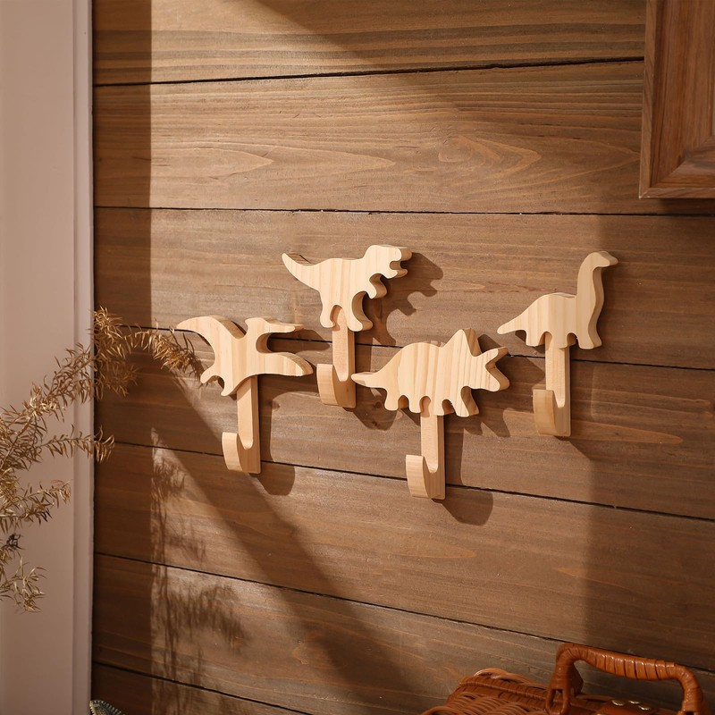 Kathfly 4 Pcs Dinosaur Coat Hooks Dinosaur Wooden Clothing Hanger