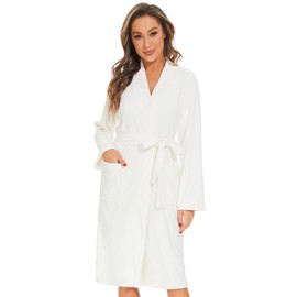 ROSYLINE Bath Robes for Women Terry Cloth Bathrobe Knee Length Bath Gown Soft Kimono Robes White L
