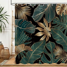JAZEAOI Green Tropical Leaves Shower Curtain, Modern Abstract Retro Monstera Palm Dark Plant Bathroom Decor Set, Black Gold Waterproof Polyester Fabric Bath Curtain with Hooks 72x72 Inch