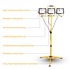 30000 Lumen Work Lights with Stand, 300W Three Head LED Work Light, Waterproof Lamp with Individual Switch, Adjustable Metal Telescoping Tripod