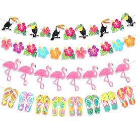 HOWAF Hawaii Banner, 4 Pieces Hawaii Flamingo Flip Flops Hibiscus Tropical Bird Bunting Banner Garland for Hawaii Tropical Summer Birthday Decoration Garden Luau Tiki Beach Party Decoration Garland