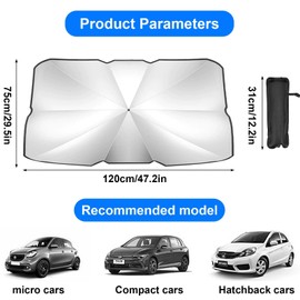 Auto Sonnenschutz Frontscheibe, Auto Sonnenschutz Frontscheibe, Sonnenschirm Auto mit Verstellbarer Stange, UV-Schutz Sonnenschirm Wärmeisolierter für die meisten Autos SUVs(120 x 65 cm)