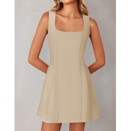 ZESICA Women's 2025 Summer Sleeveless Tank Mini Dresses Square Neck A Line Flare Party Short Dress, Khaki, S