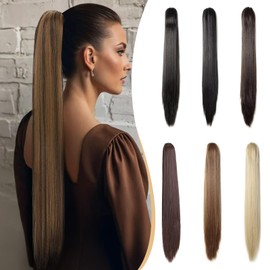 Benehair Claw Clip in Ponytail Hair Extensions, 26 Inches Long Straight Ponytail Extensions Clip in Hair Extension Synthetic Hair Pieces for Women(Dark Brown mix Light Auburn, 150g)