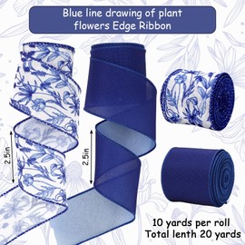 JarThenaAMCS Blue Floral Wired Edge Ribbon Rustic Flower Ribbon Chinoiserie Botanical Fabric Ribbon for Wreath Bow Making DIY Crafts Wrapping, 2 Rolls, 20 Yard
