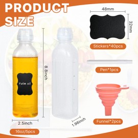 Supkiir Condiment Squeeze Bottles 16oz with Flip Top Lid, 5Pcs Clear Hot Sauce Bottles for Condiments Oil Salad Ketchup, Leak Proof Condiment Container with 2Silicone Funnel 40 Chalk Labels and 1Pen