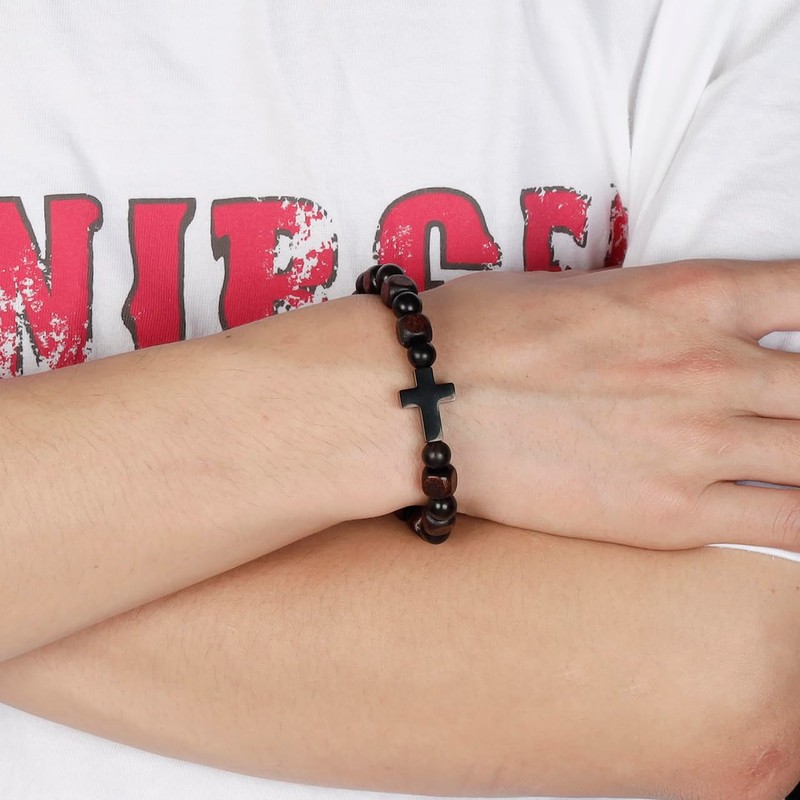 Eigso Black Onyx Beaded Cross Bracelet Christian Gift Rosary Beads