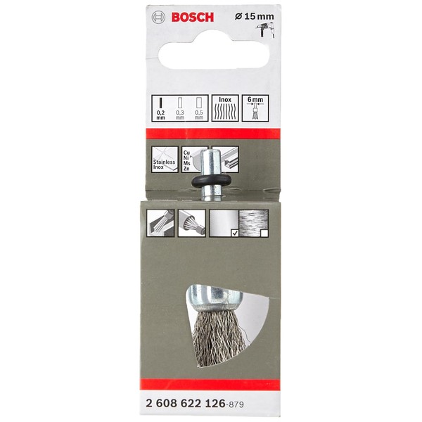 Bosch 2608622126 Shank Pencil Brush Crimped Wire, 0.2mm Inox, 15mm x 6mm, Silver