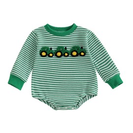 Baby Boy Tractor Bubble Romper Waffle Striped Embroidery Long Sleeve Jumpsuit Retro Bodysuit Cute Newborn Coming Home Outfit Fall Winter 3 6 12 18Months (Green, 0-3 Months)